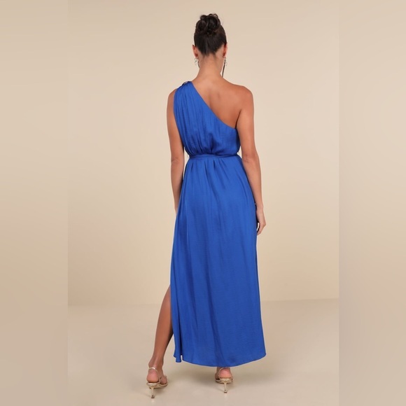 NEW Lulus Goddess Aura Cobalt Blue Satin One Shoulder Maxi Dress Slit Formal - Picture 2 of 9
